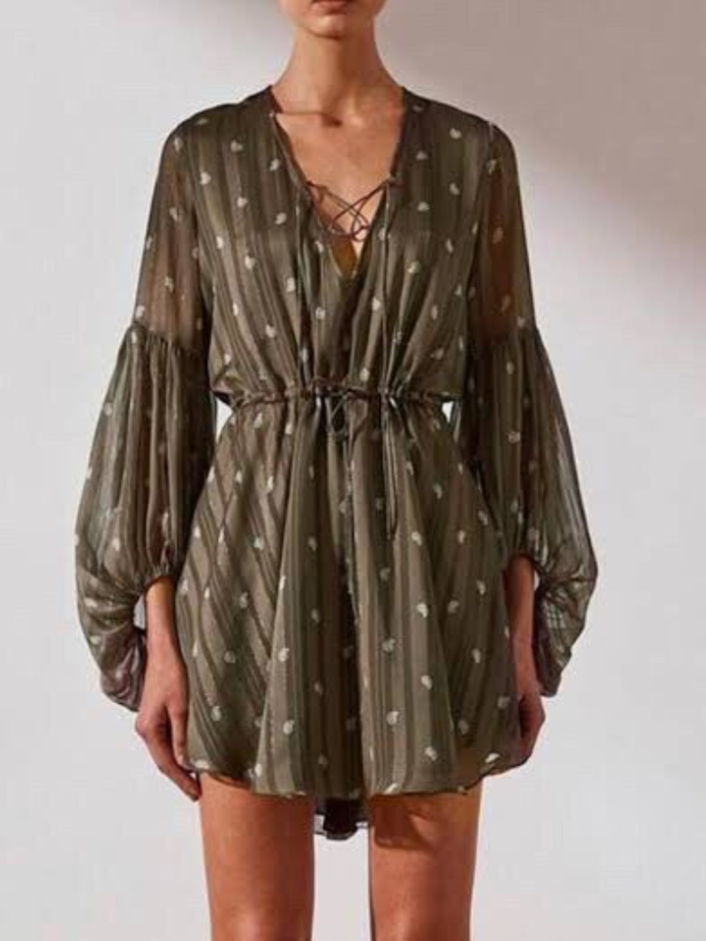 Shona Joy Olive Green Paisley Print Mini Dress Balloon Sleeves - Size 8